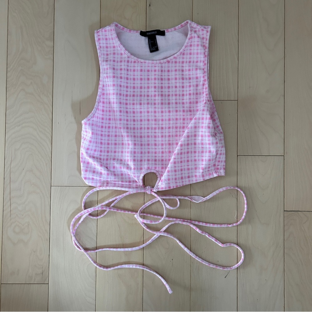 Forever 21 Pink Gingham Plaid Belly String Wrap Crop Top
